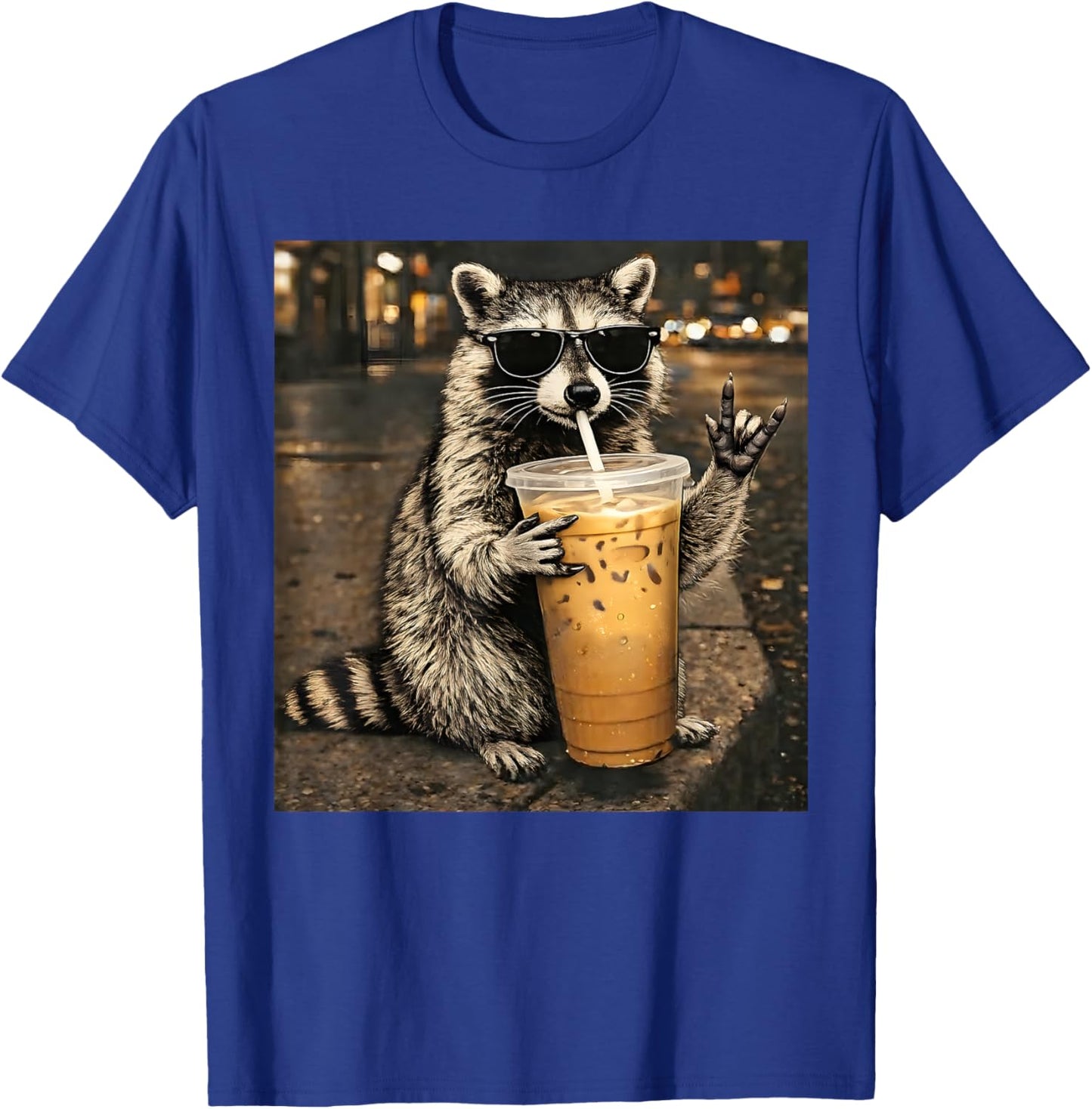 Raccoon Drinking Iced Coffee Funny Animal Meme Men Women T-Shirt - T-Shirt | Royal