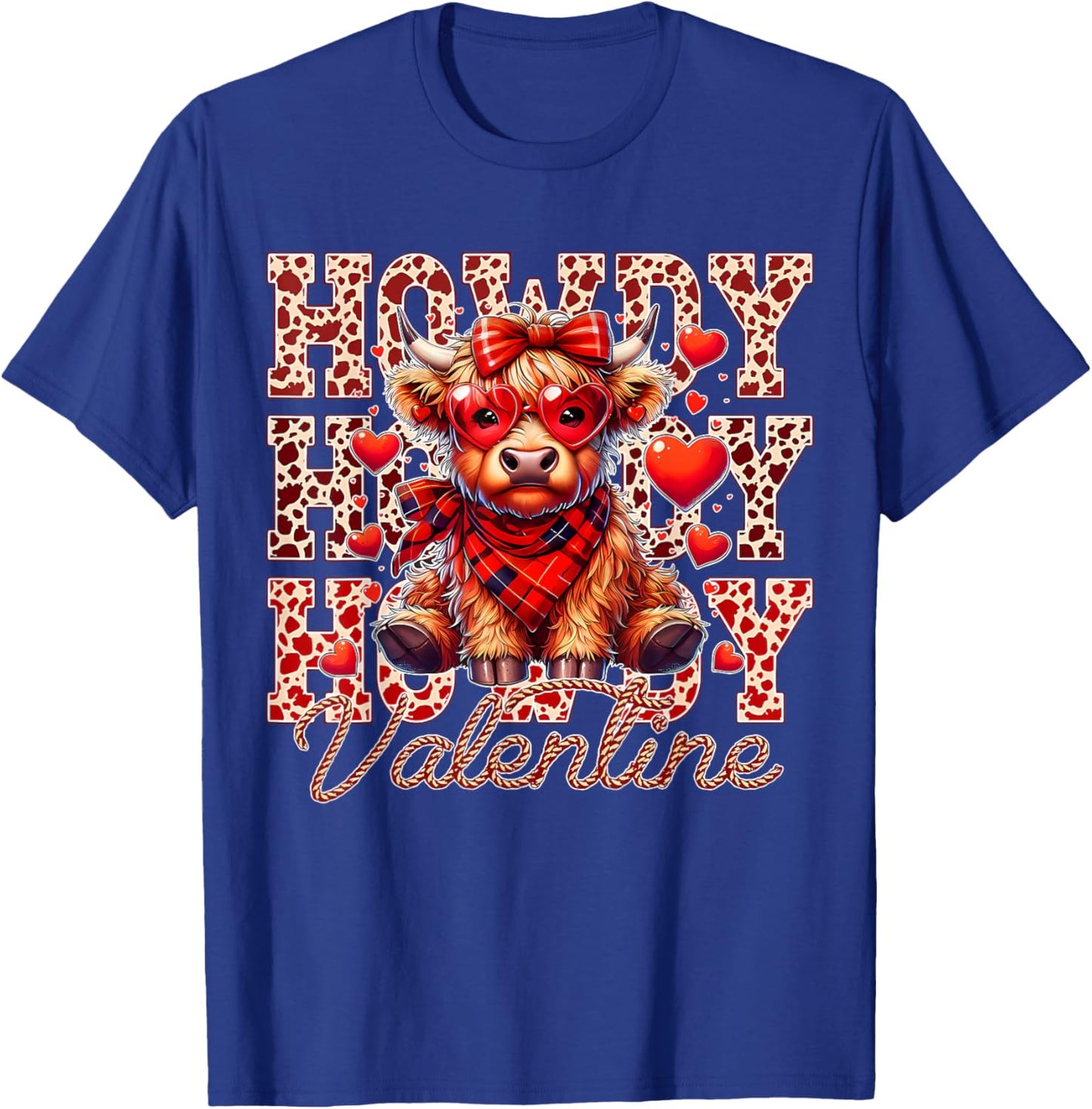 Howdy Valentine Highland Cow Red Plaid Coquette Bow Hearts T-Shirt - T-Shirt | Royal