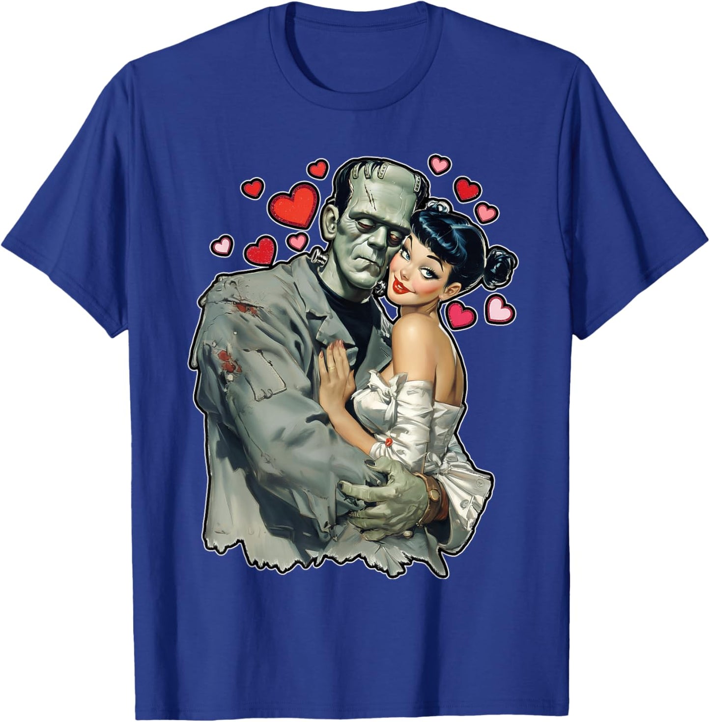 Love Heart Valentines Romantic Frankenstein and Wife Graphic T-Shirt - T-Shirt | Royal