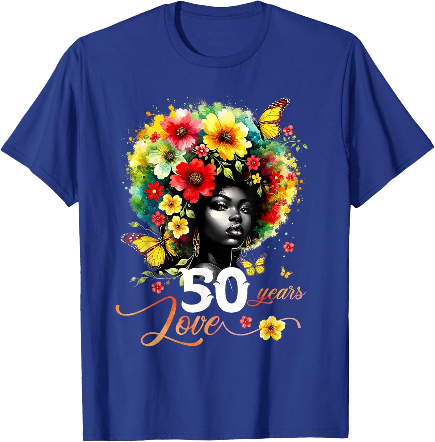 Black Afro Queen 50 Years Love 50th Birthday Butterfly Gift T-Shirt - T-Shirt | Royal