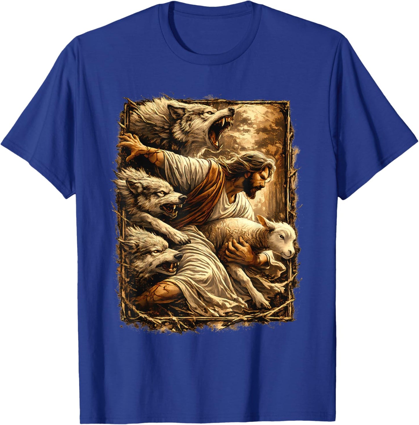 Jesus Protecting Lamb Sheep from Wolves T-Shirt - T-Shirt | Royal