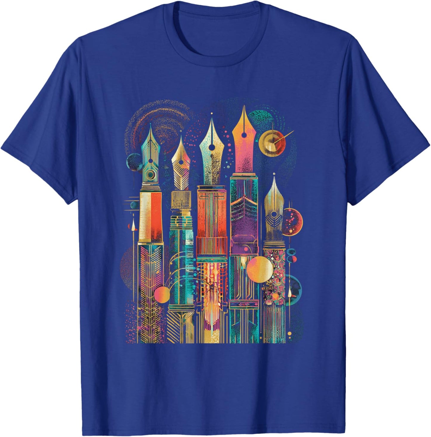 Art Deco Fountain Pen Skyline with Retro Abstract Geometry T-Shirt - T-Shirt | Royal