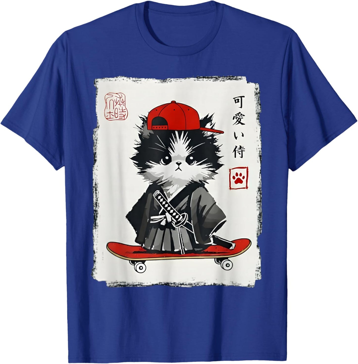 Samurai Cat Skateboard Kawaii Men Women Kids Funny Japanese T-Shirt - T-Shirt | Royal