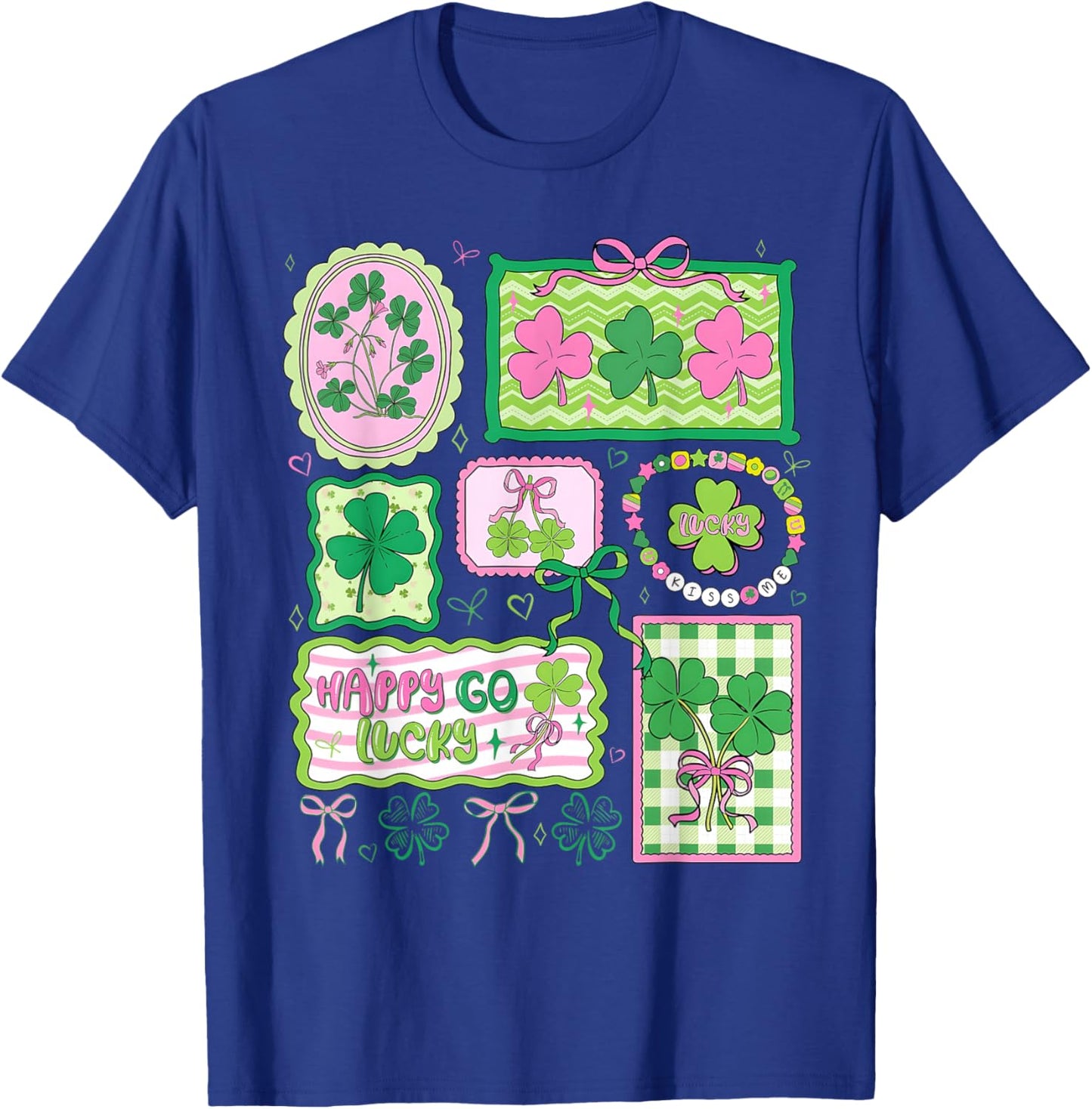 Preppy St Patricks Day Happy Go Lucky Shamrock Bow Men Women T-Shirt - T-Shirt | Royal