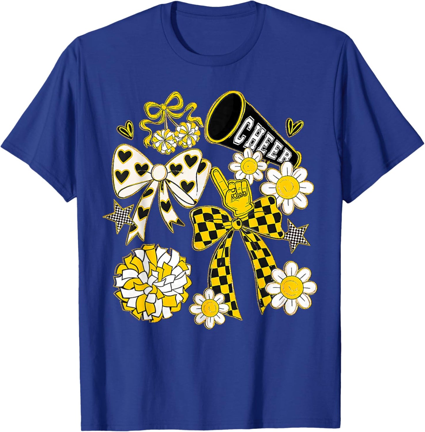 Coquette Bow Football Gold Black Game Cheer Mom Touchdown T-Shirt - T-Shirt | Royal