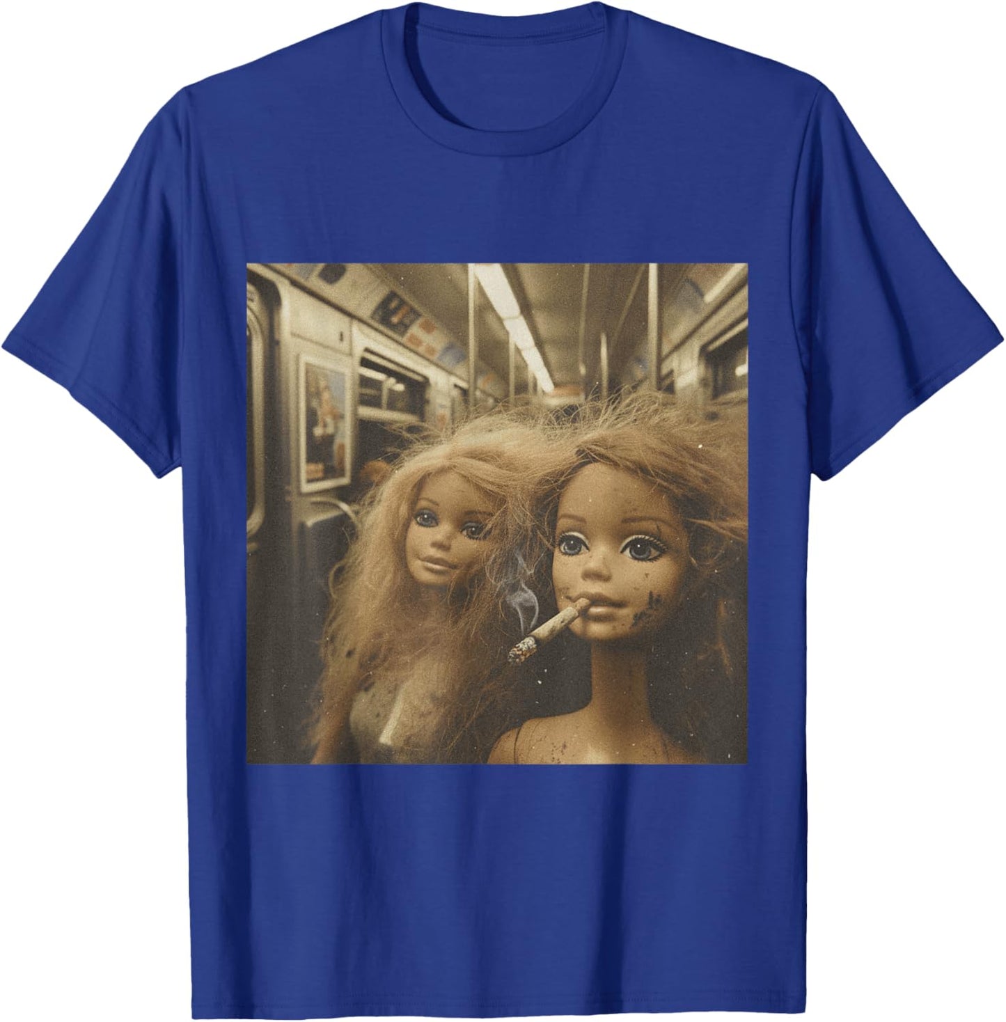 Distressed Doll Smoking Funny Doll Face Meme T-Shirt - T-Shirt | Royal