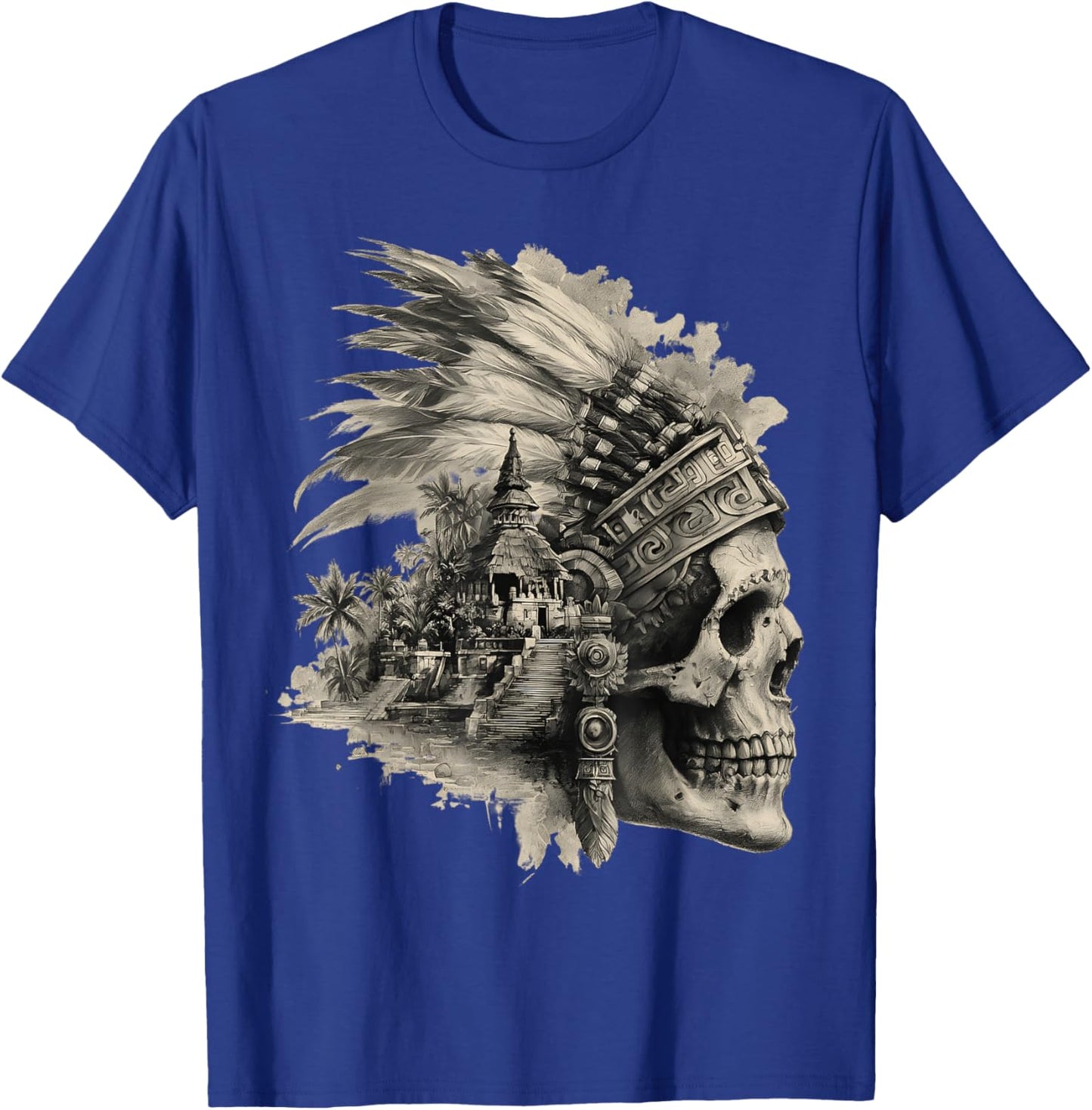 Feathered Aztec Skull Maya Mexican Mayan Indigenous Azteca T-Shirt - T-Shirt | Royal