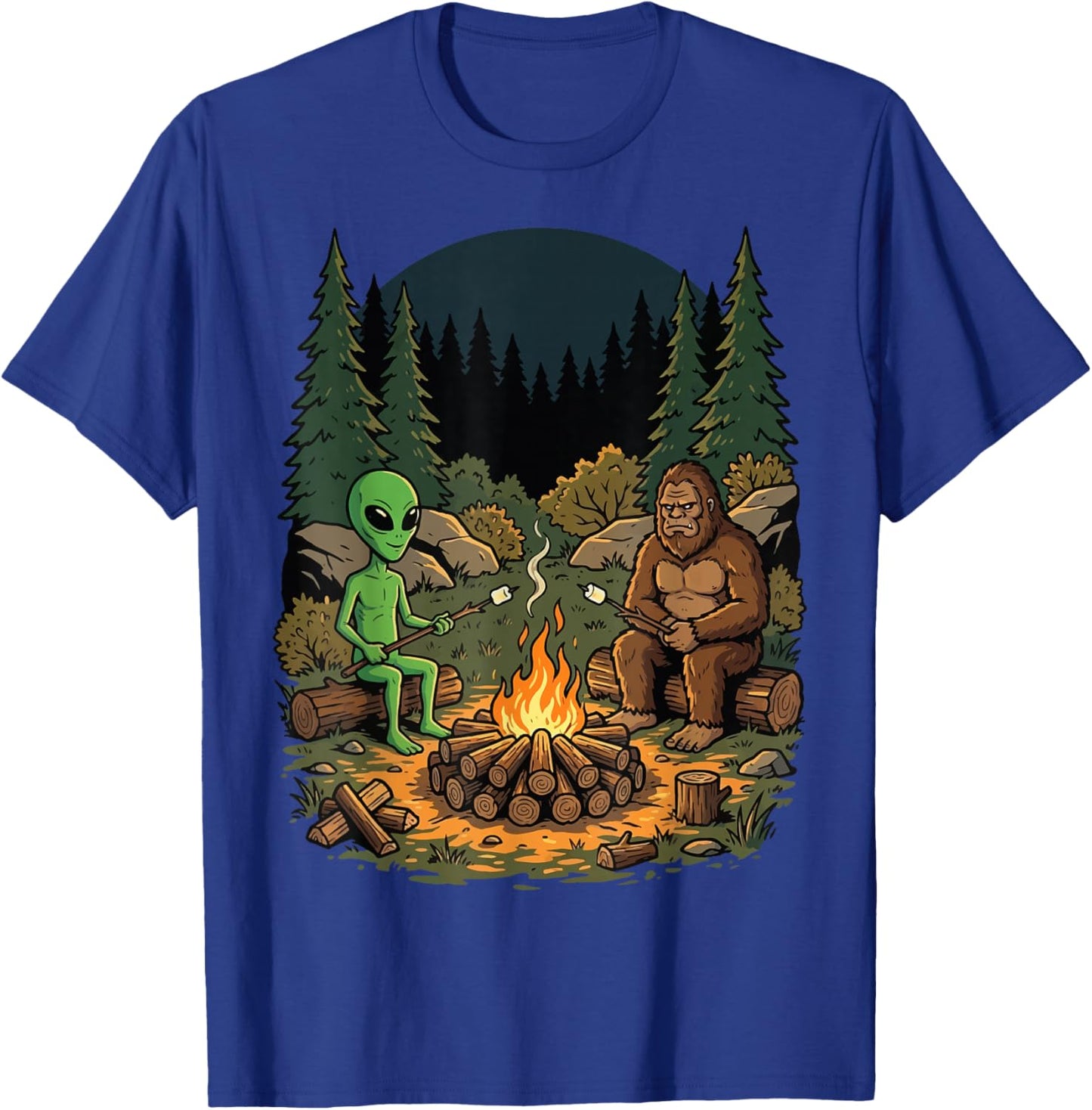 Bigfoot Alien Campfire Camping T-Shirt - T-Shirt | Royal