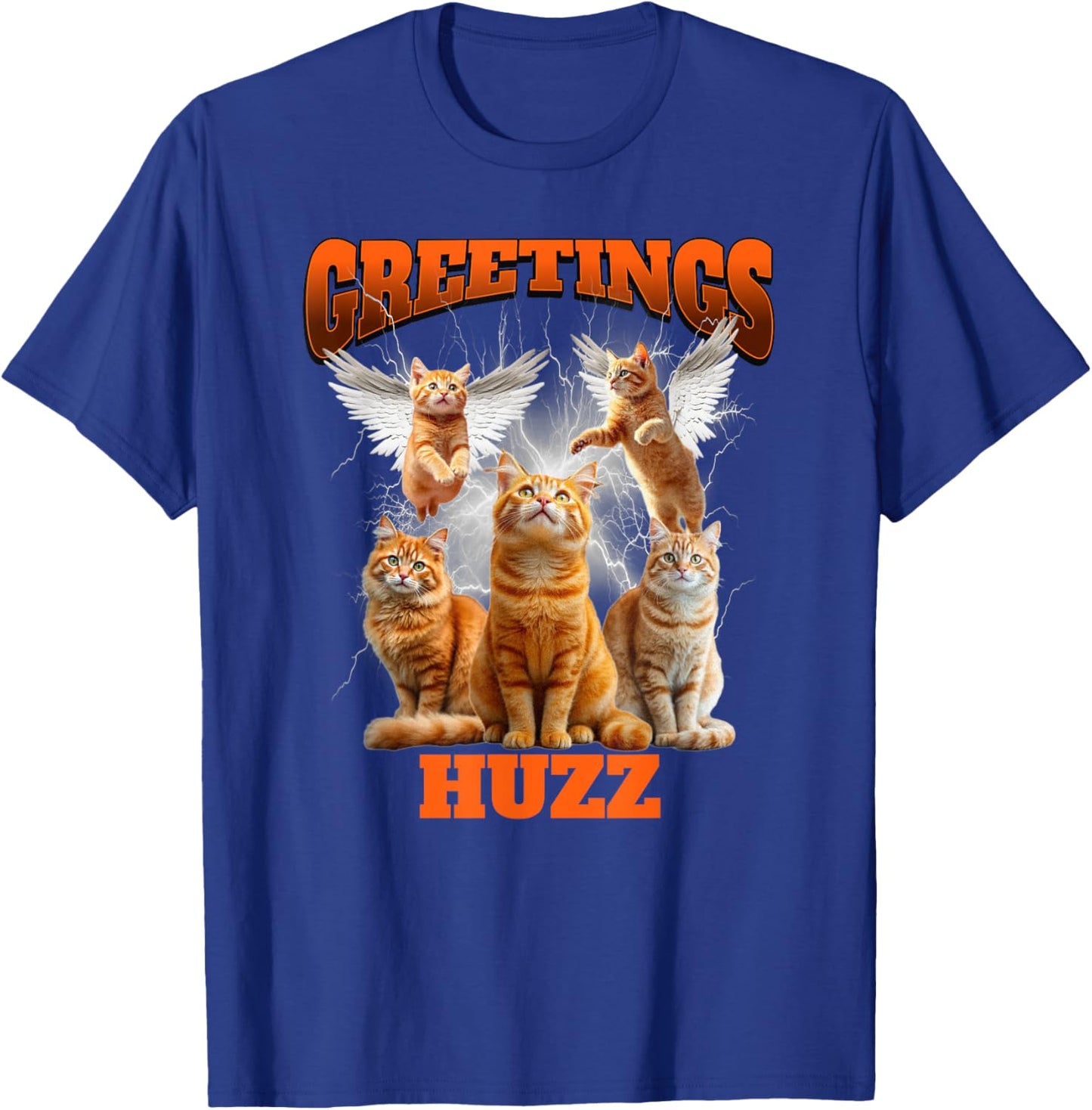 Greetings Huzz Bootleg Cat Meme Graphic Retro Y2K Aesthetic T-Shirt - T-Shirt | Royal