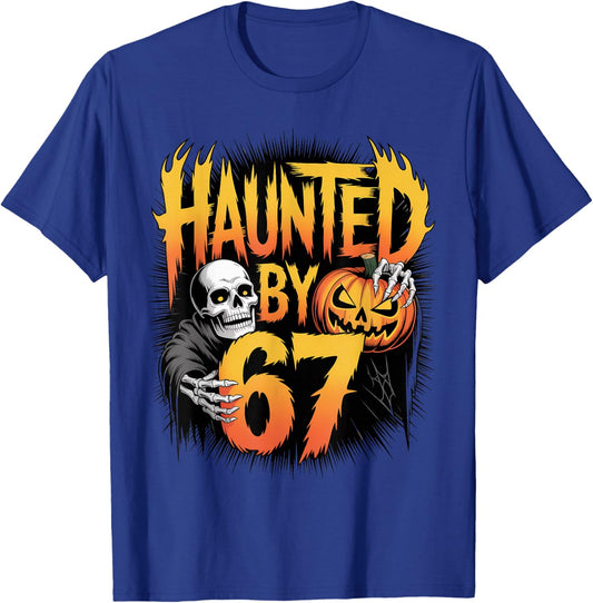 Haunted by 67 Skeleton Pumpkin Halloween Graphic Meme T-Shirt - T-Shirt | Royal