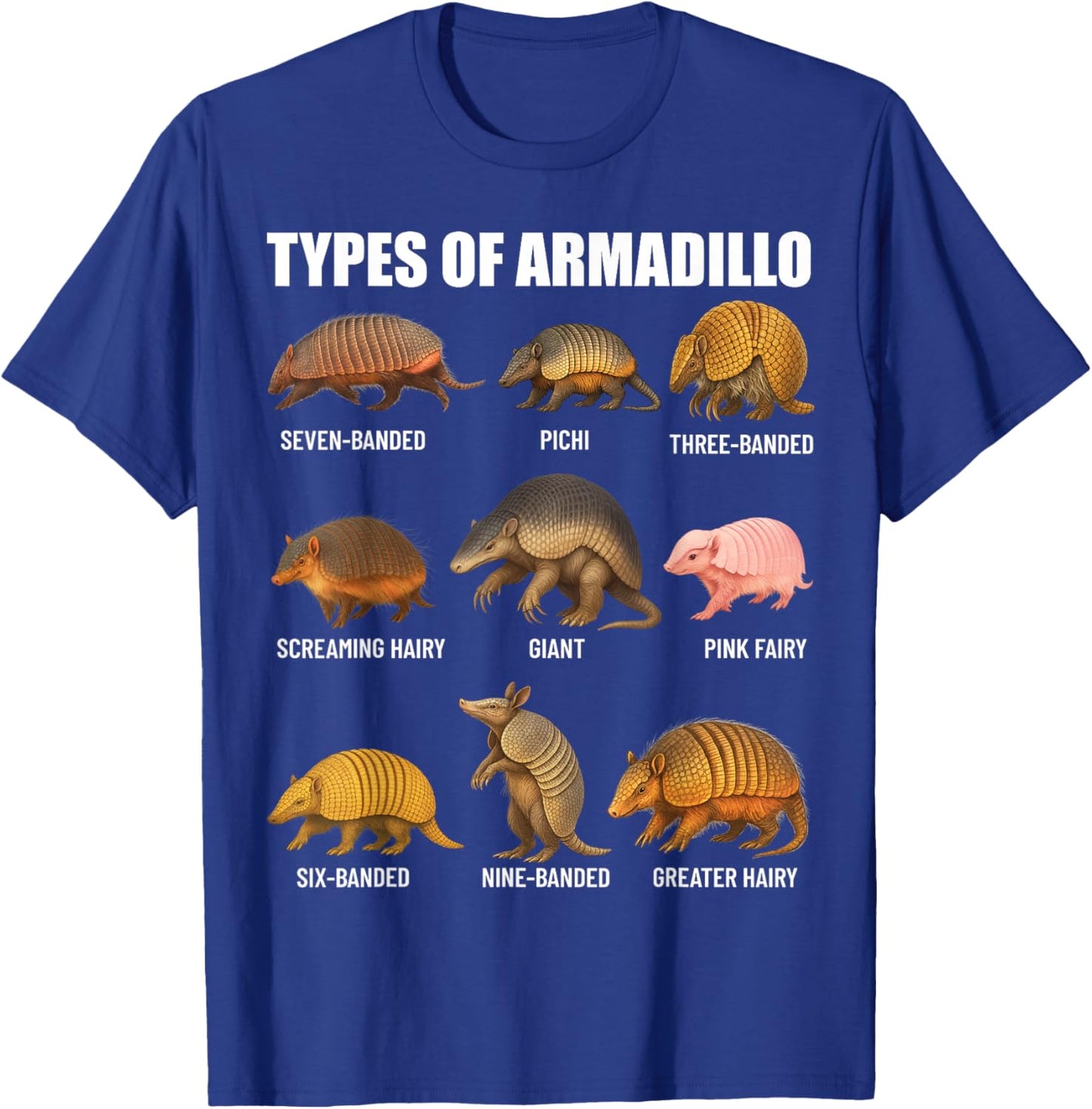 Types of Armadillo Educational Wildlife Species Ecology T-Shirt - T-Shirt | Royal