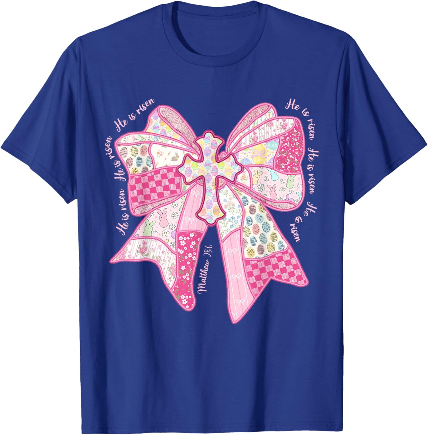 He is Risen Christian Cross Jesus Coquette Bow Bunny Easter T-Shirt - T-Shirt | Royal