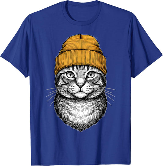Funny Cat Wearing Beanie Cat Face Lover Graphic Cottagecore T-Shirt - T-Shirt | Royal