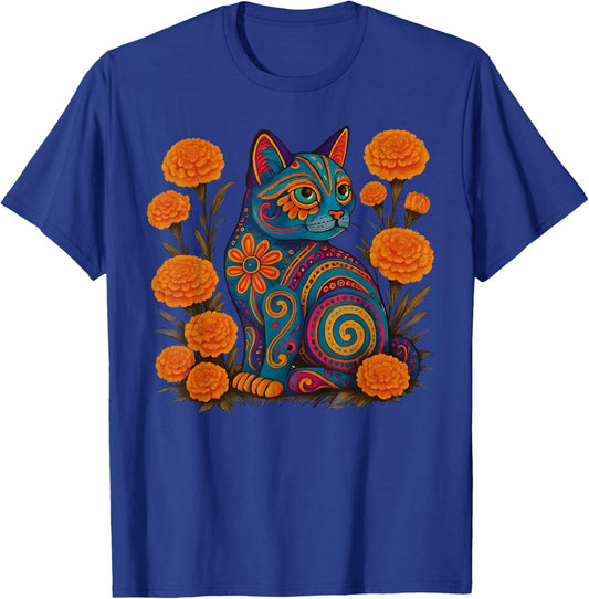 Alebrije Cat Flower Mexican Folk Art Sugar Skull Cute Kitten T-Shirt - T-Shirt | Royal