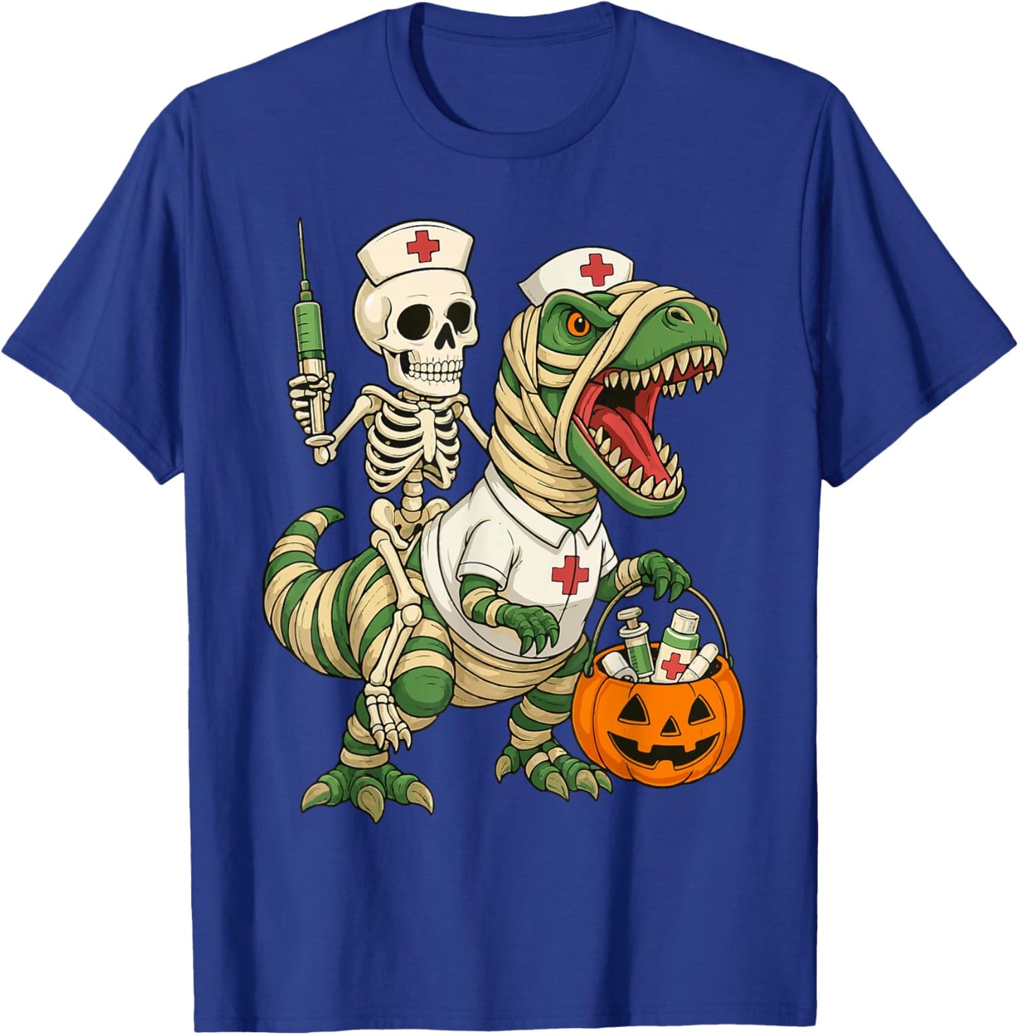 Nurse Skeleton Riding Mummy Dinosaur T rex Halloween Nurse T-Shirt - T-Shirt | Royal