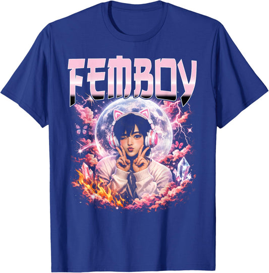 Femboy Anime Aesthetic Moon Cat Ear Headphones T-Shirt - T-Shirt | Royal