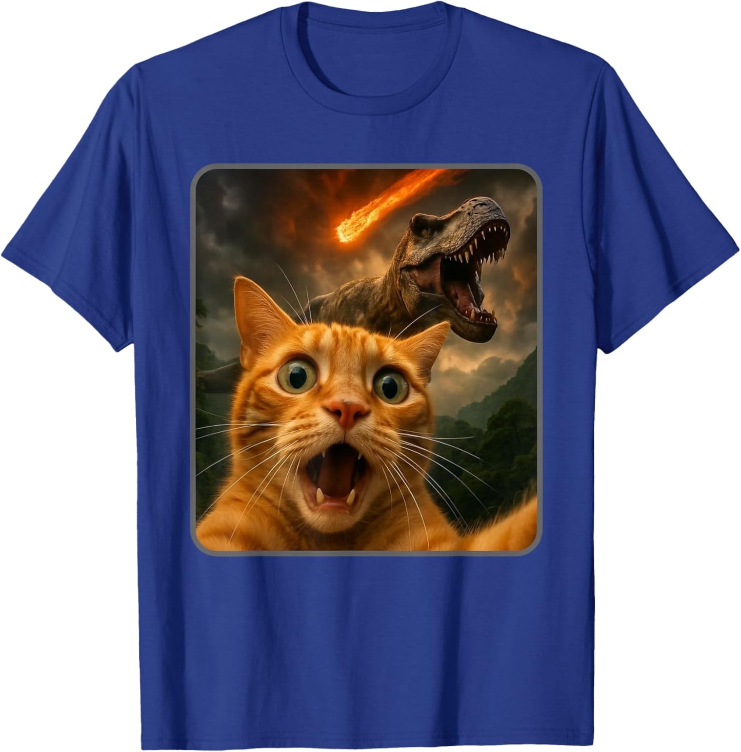 Cat Selfie with a T-Rex Funny Dinosaur Meme T-Shirt - T-Shirt | Royal