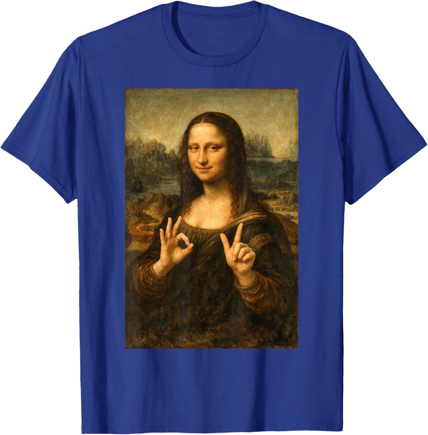Funny Mona Lisa OK Peace Sign Art Parody Masterpiece T-Shirt - T-Shirt | Royal