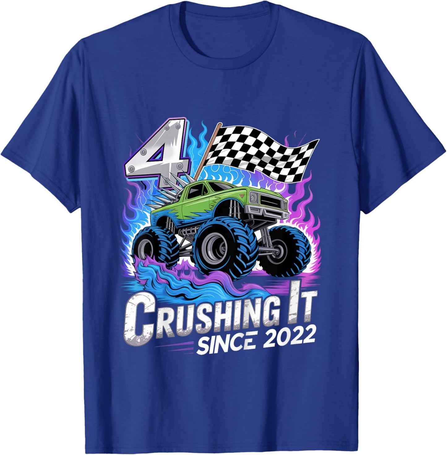 Kids 4 Year Old Monster Truck Birthday Boy 4th Party Born in 2022 T-Shirt - T-Shirt | Royal