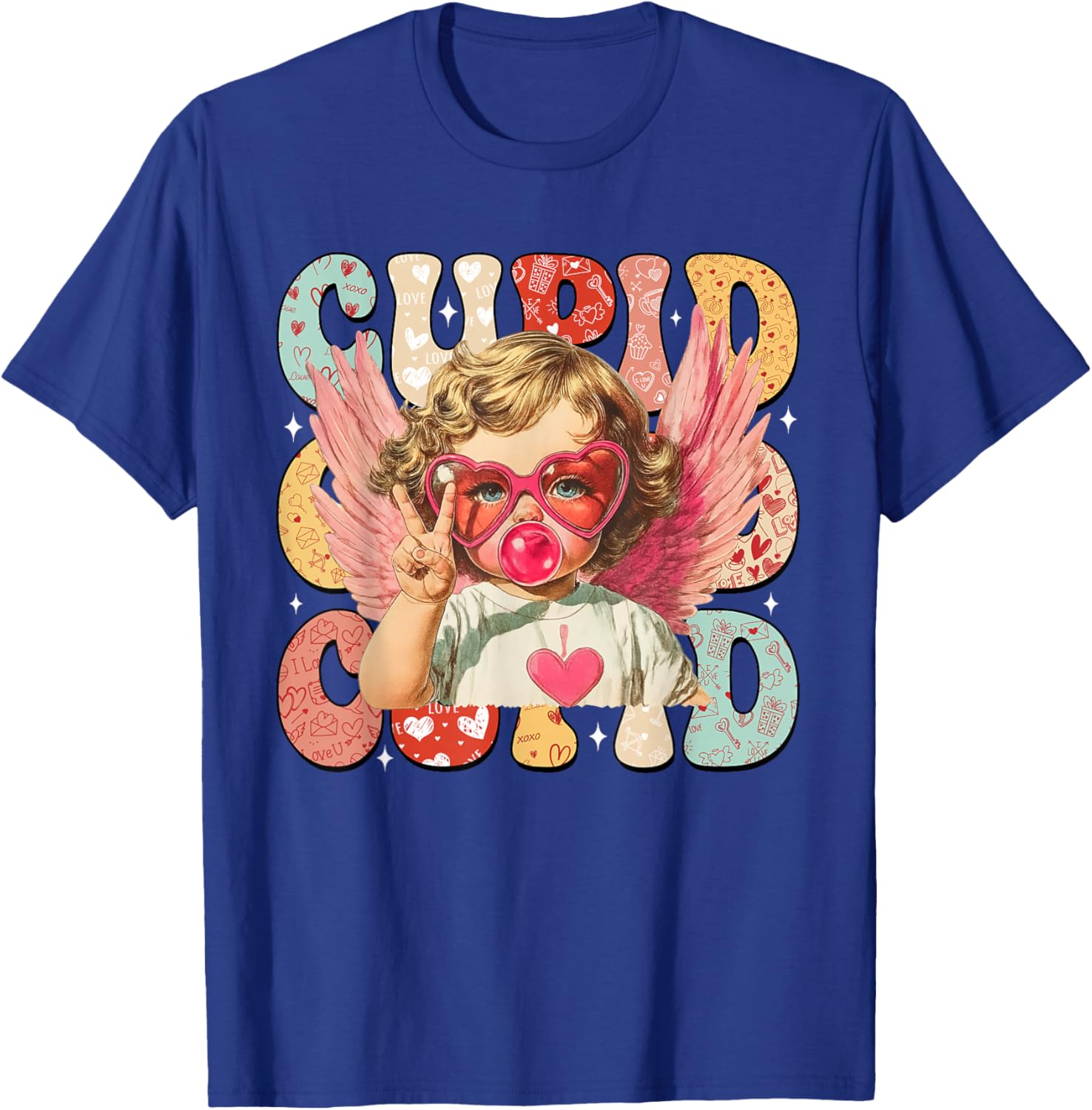 Vintage Cupid Blowing Bubble Gum Heart Sunglasses Valentines T-Shirt - T-Shirt | Royal