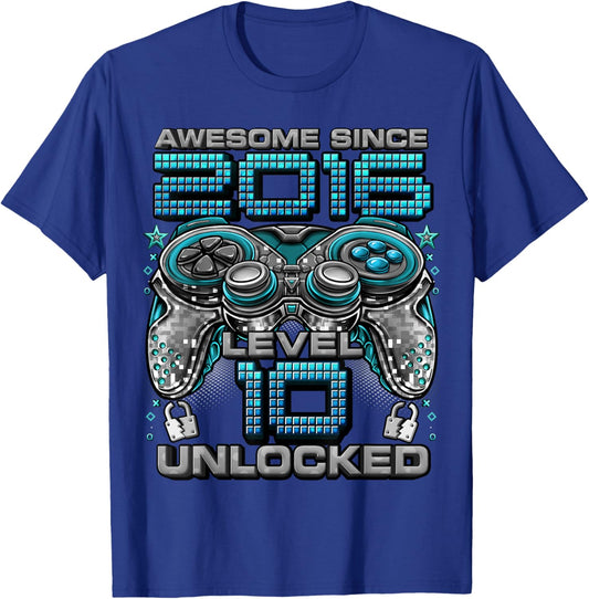 Level 10 Unlocked Awesome Since 2016 10th Birthday Gaming T-Shirt - T-Shirt | Royal