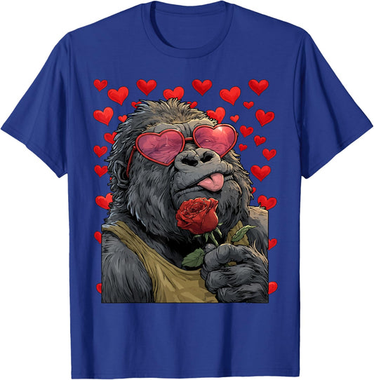 Cute Gorilla with Heart Glasses Rose Valentine's Day Animal T-Shirt - T-Shirt | Royal