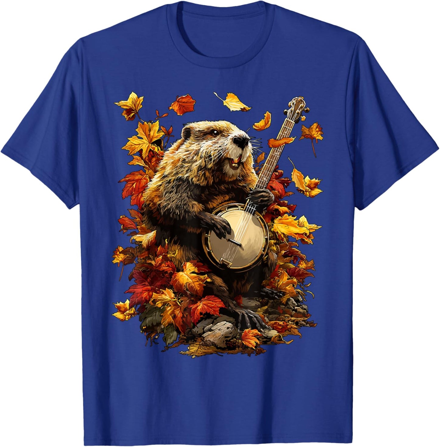 Banjoist Beaver Playing Banjo Picker Fall Leaves Autumn T-Shirt - T-Shirt | Royal