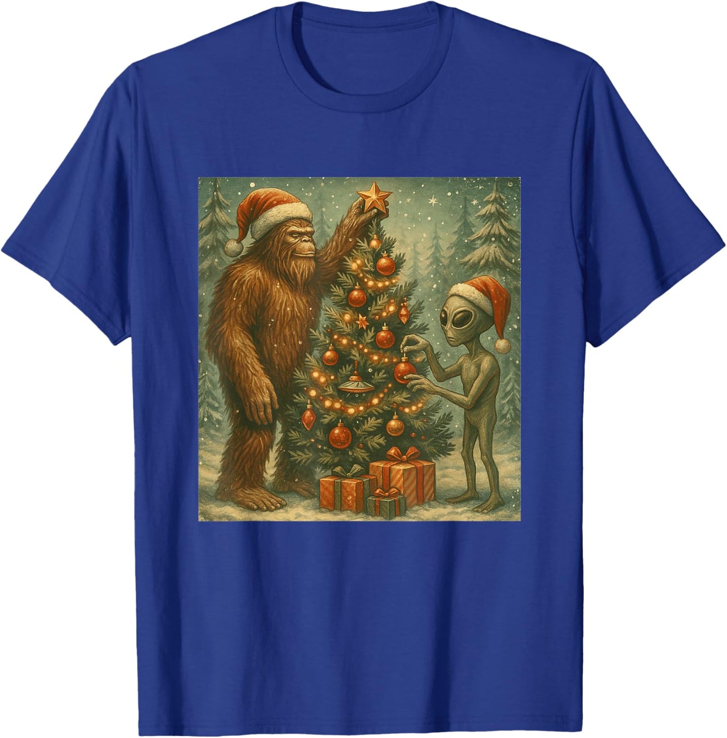Alien and Bigfoot Decorating Christmas Tree Sasquatch Retro T-Shirt - T-Shirt | Royal