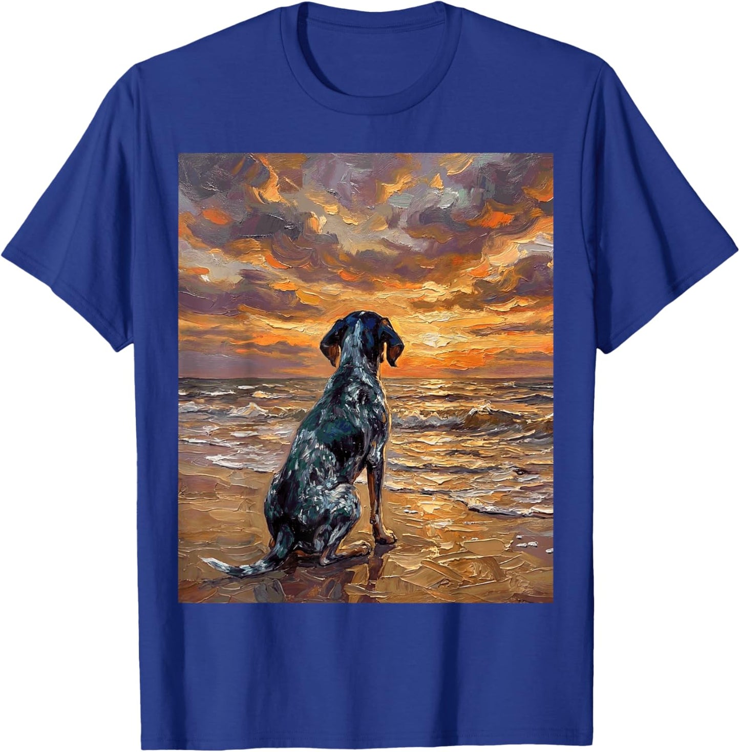Blue Tick Coonhound on a Sunset Beach Hound Dog Artwork T-Shirt - T-Shirt | Royal