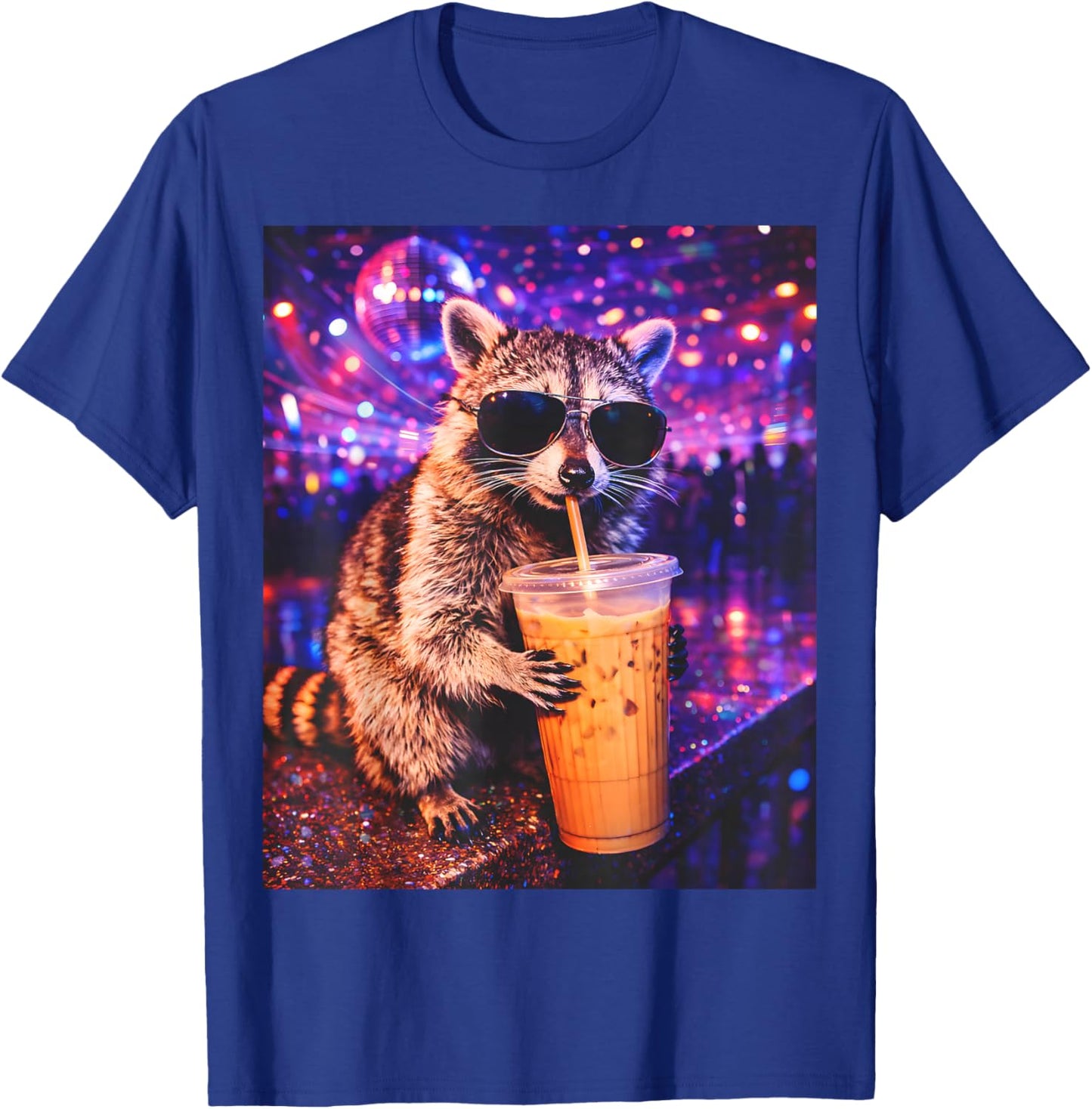 Raccoon Drinking Iced Coffee Funny Animal Meme Men Women T-Shirt - T-Shirt | Royal