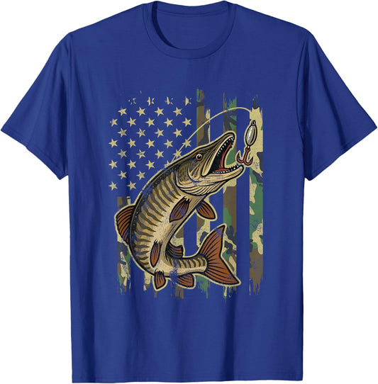 Muskie Fishing Camo American Flag Musky Fisherman Design T-Shirt - T-Shirt | Royal