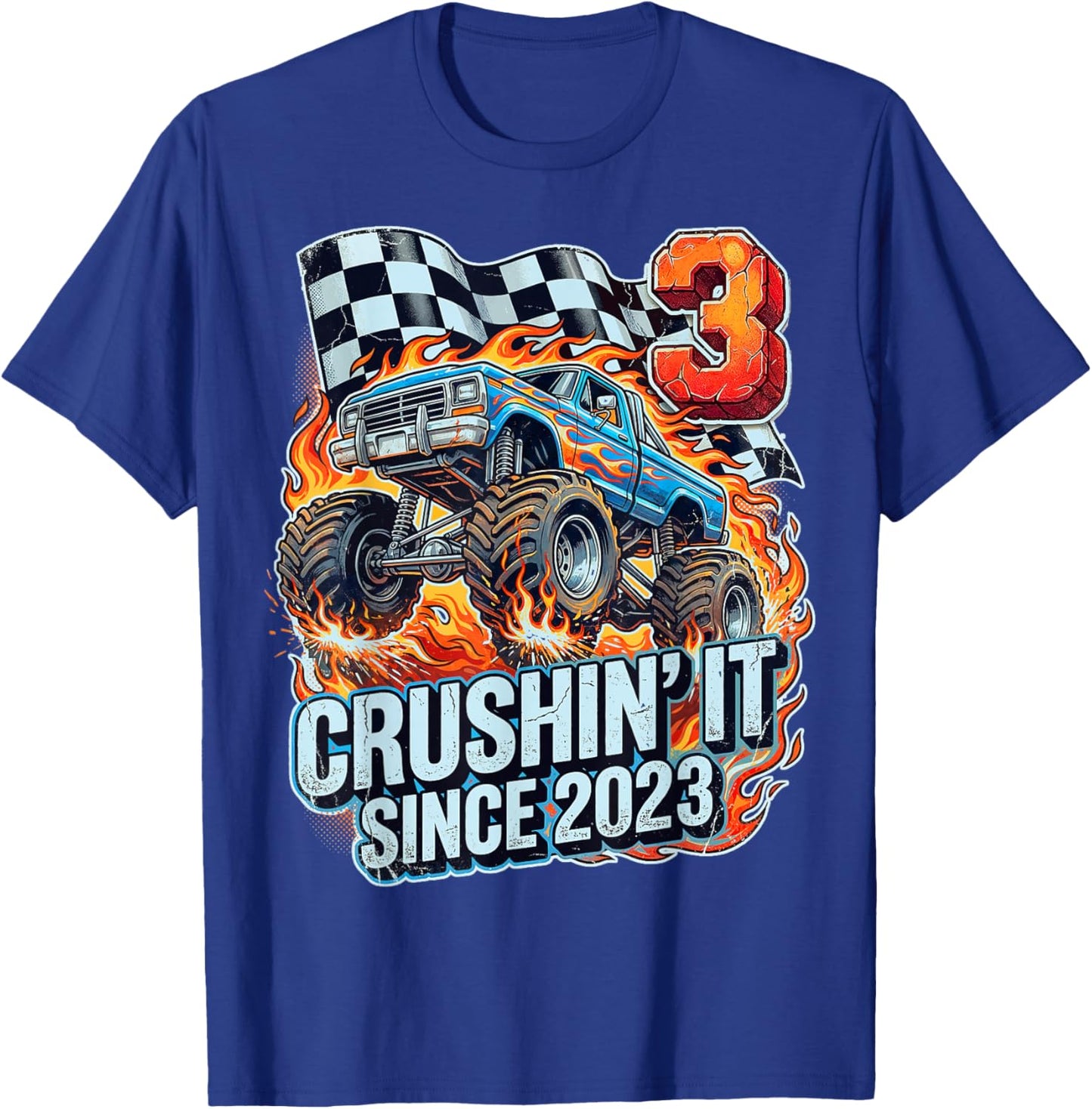 Birthday Monster Truck 3 Year Old Boys 3rd Party Born 2023 T-Shirt - T-Shirt | Royal