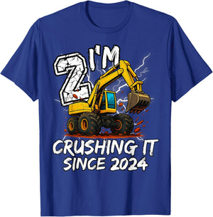 Birthday Excavator Truck 2 Year Old Boys 2nd Party Born 2024 T-Shirt - T-Shirt | Royal