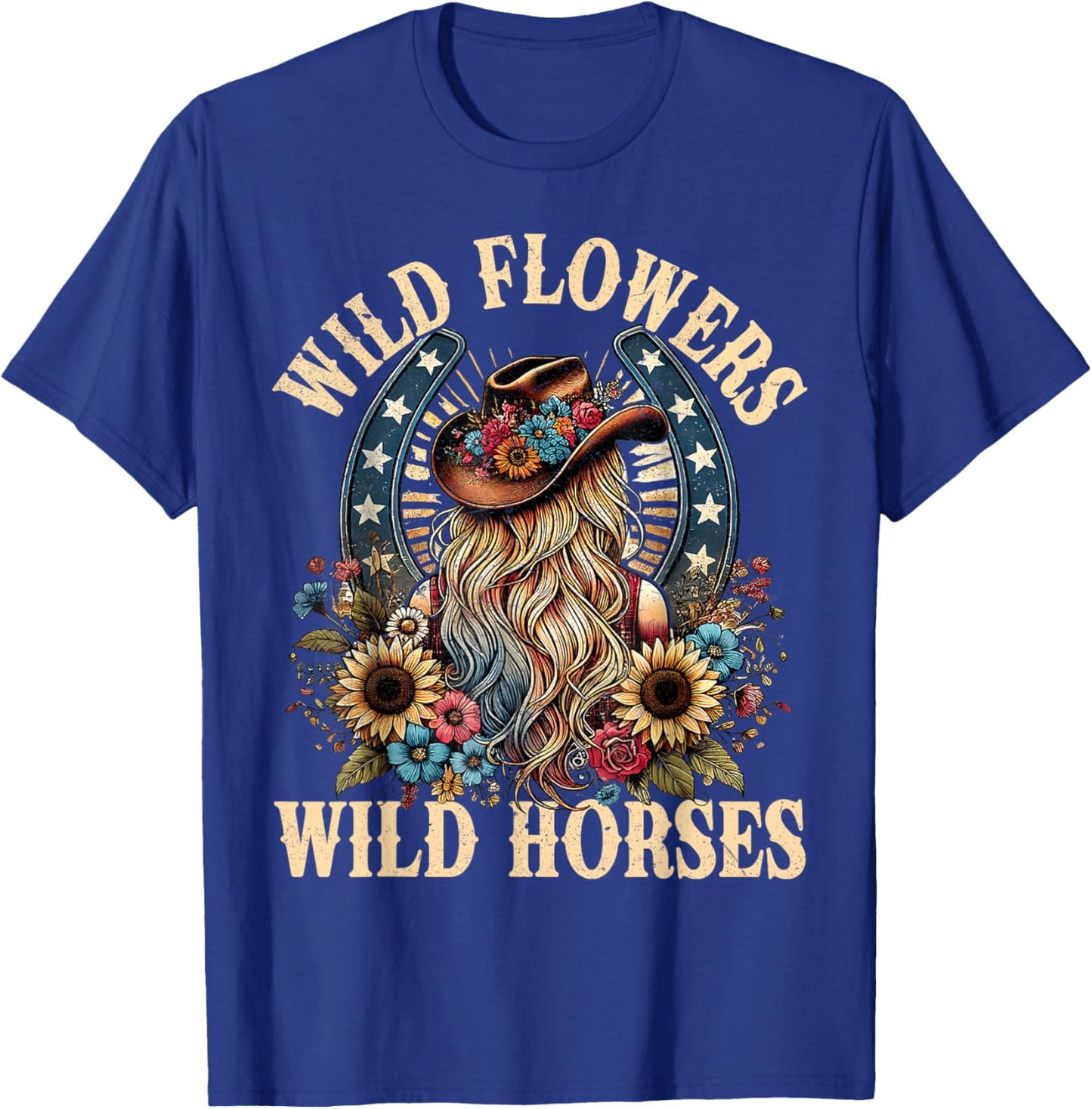 Retro Southern Sunset Cowgirl Wild Flowers - Wild Horses T-Shirt - T-Shirt | Royal