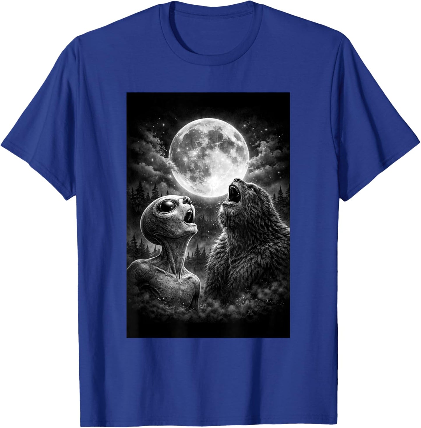 Funny Alien and Bigfoot Howling at Moon Humor Man Woman T-Shirt - T-Shirt | Royal