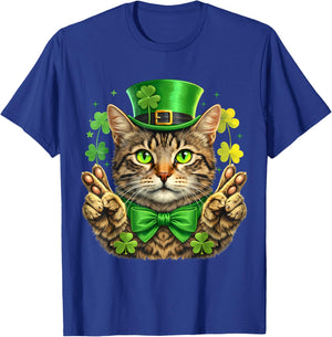 St Patricks Day Cat Leprechaun Hat Lucky Hand Shamrock Kids T-Shirt - T-Shirt | Royal