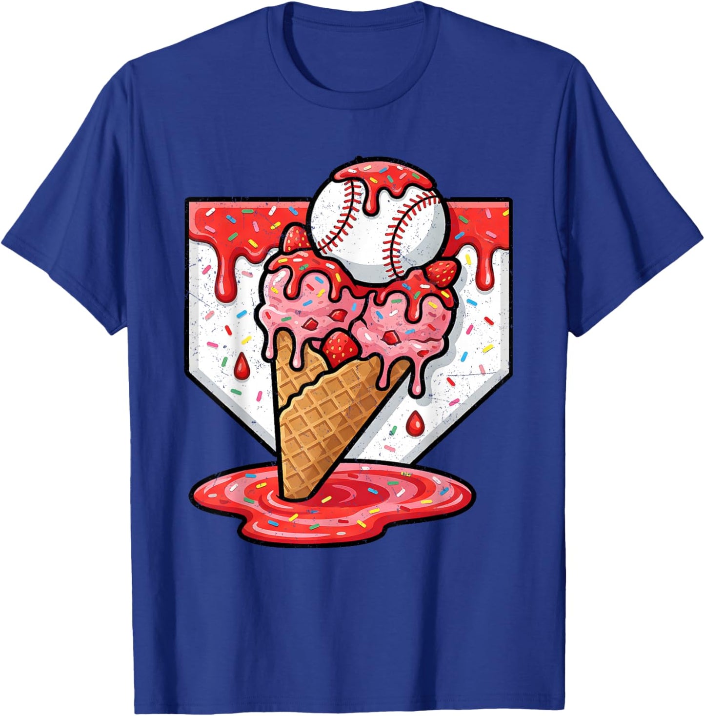Baseball Ice Cream Drip Baseball Strawberry for Youth Red T-Shirt - T-Shirt | Royal