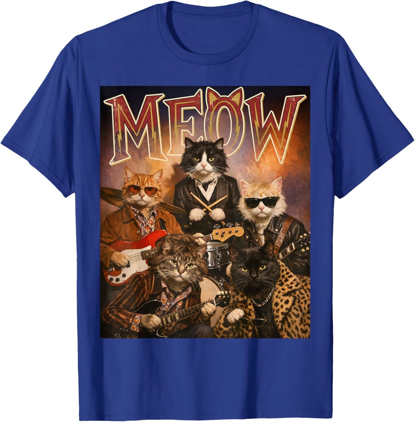 Meow Funny Cat Rock and Roll Band 60s Retro Music Fan T-Shirt - T-Shirt | Royal