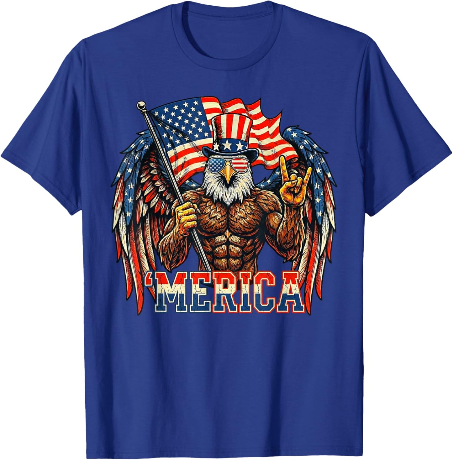 Bald Eagle Merica Rock American Flag Patriotic 4th of July T-Shirt - T-Shirt | Royal