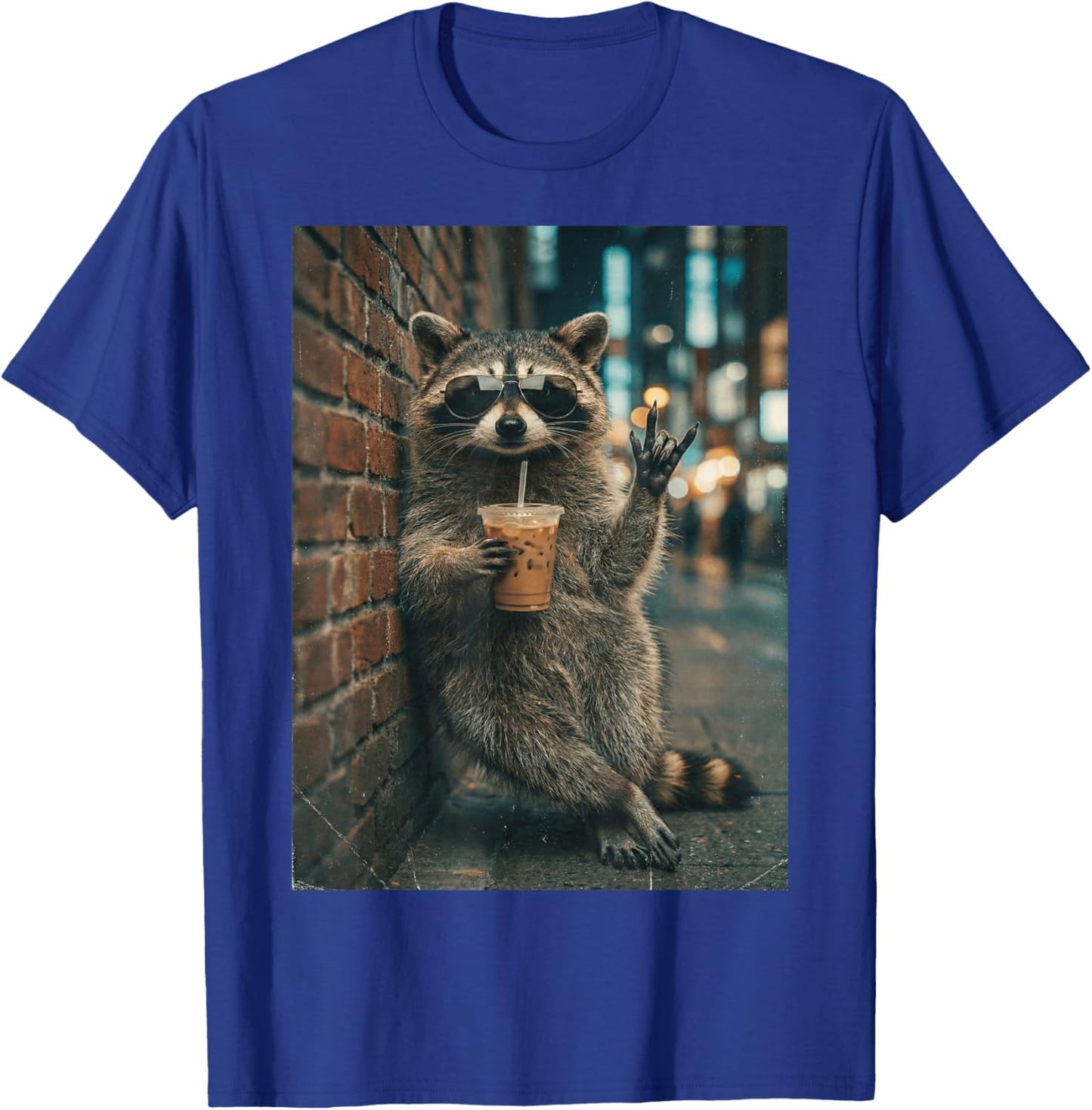 Raccoon Drinking Iced Coffee Rock On Meme Funny T-Shirt - T-Shirt | Royal