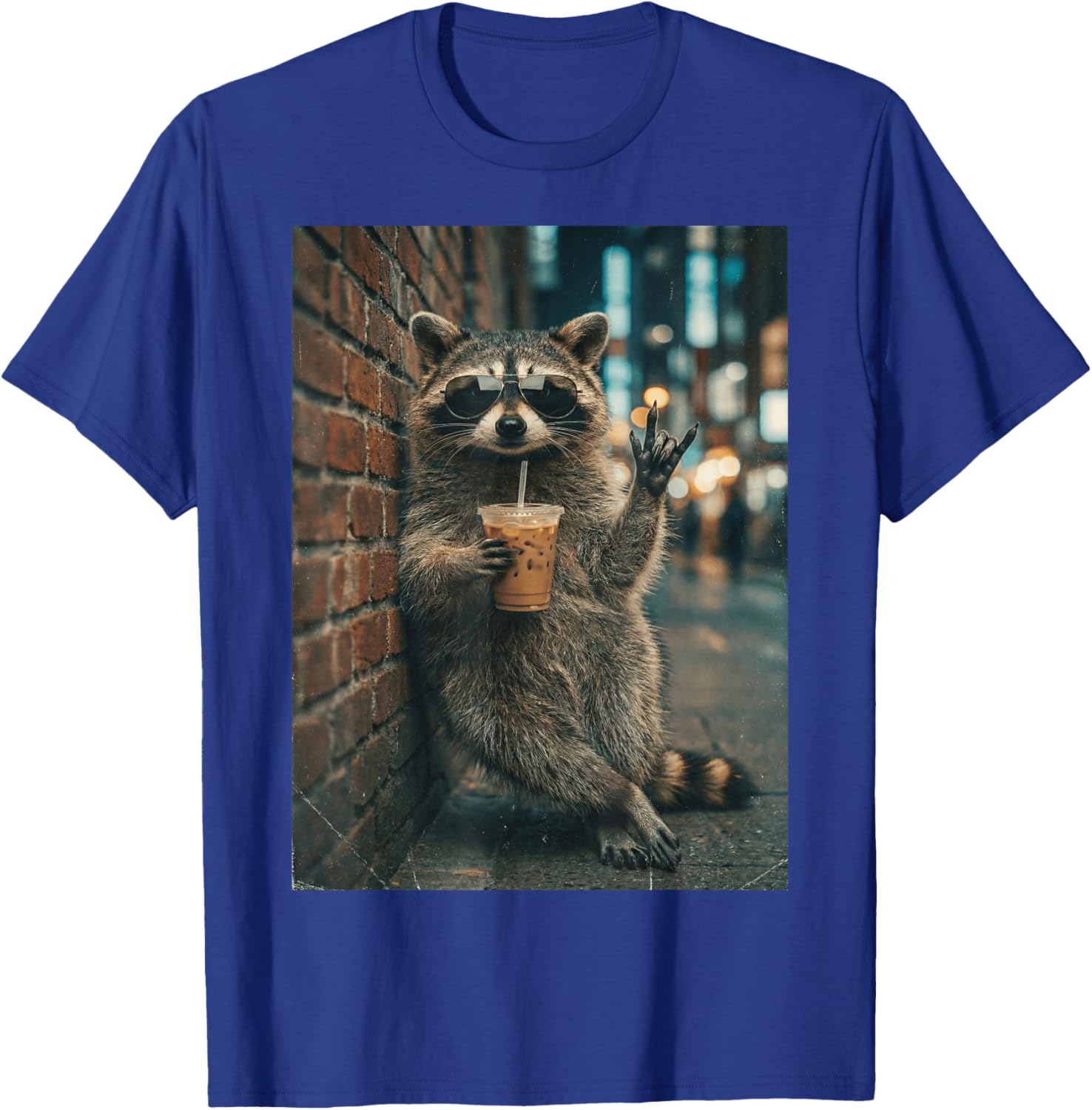 Raccoon Drinking Iced Coffee Rock On Meme Funny T-Shirt - T-Shirt | Royal