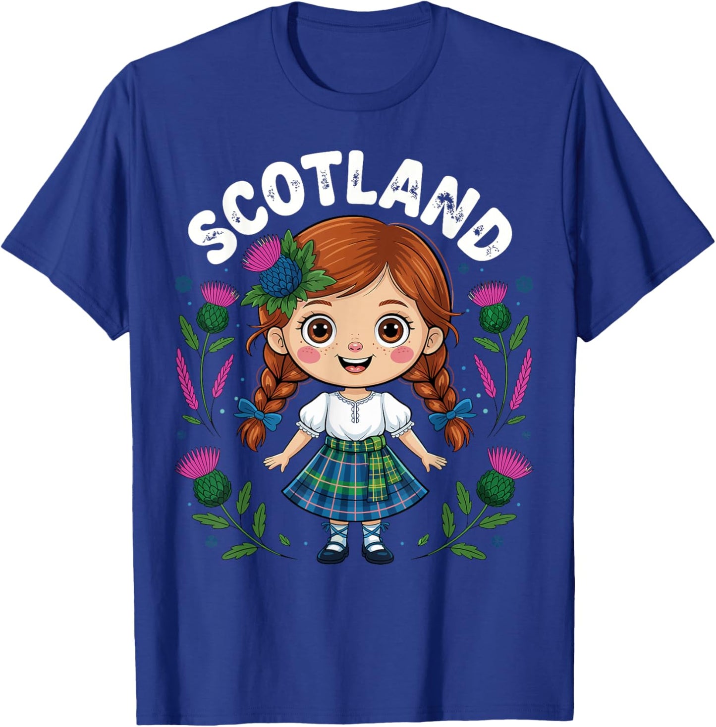 Cute Scotland Girl Tartan Skirt Thistle Flowers Art for Kids T-Shirt - T-Shirt | Royal