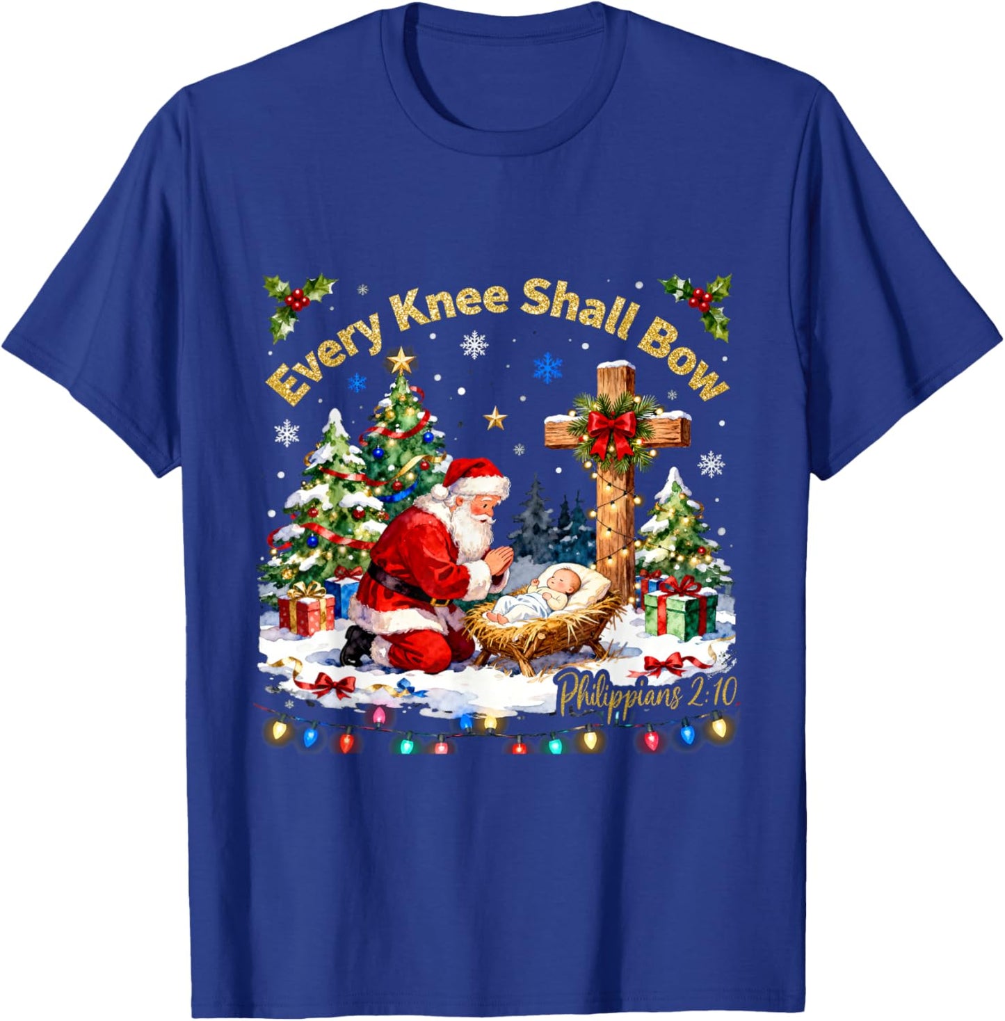 Xmas Every Knee Shall Bow Santa Christmas Nativity Scene T-Shirt - T-Shirt | Royal