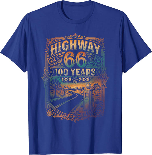 Highway 66 100 Years 1926 2026 Route Centennial T-Shirt - T-Shirt | Royal