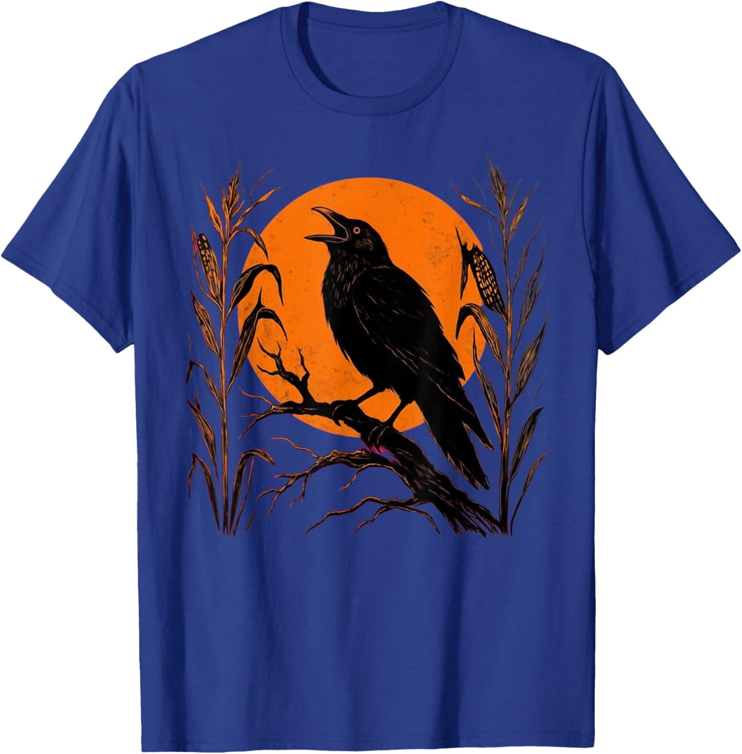 Gothic Raven Crow Harvest Orange Moon Corn Field Halloween T-Shirt - T-Shirt | Royal