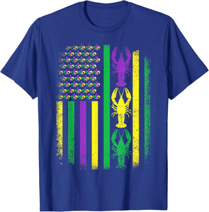 Retro Mardi Gras USA American Flag Crawfish Parade Men Women T-Shirt - T-Shirt | Royal