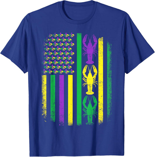 Retro Mardi Gras USA American Flag Crawfish Parade Men Women T-Shirt - T-Shirt | Royal
