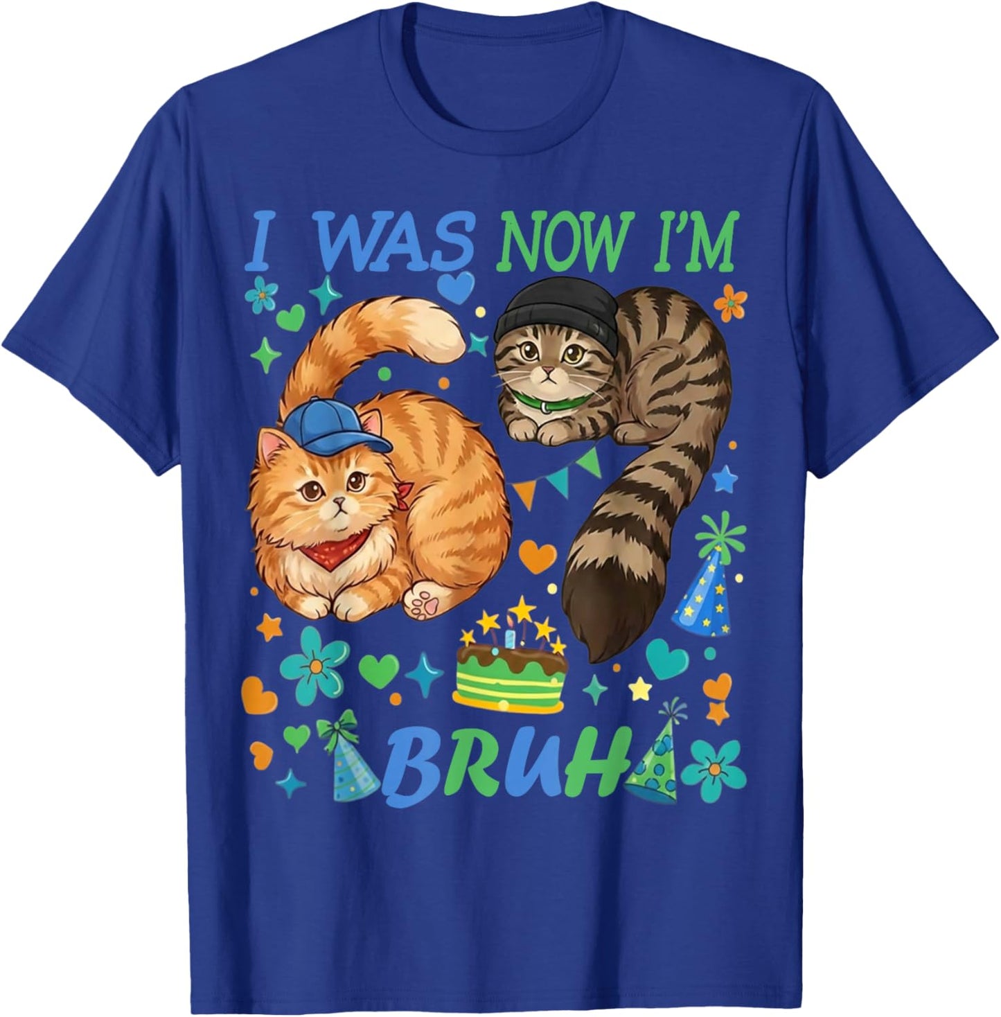 I was 6 Now I'm 7 Bruh Funny 67 Birthday Boys Cats T-Shirt - T-Shirt | Royal