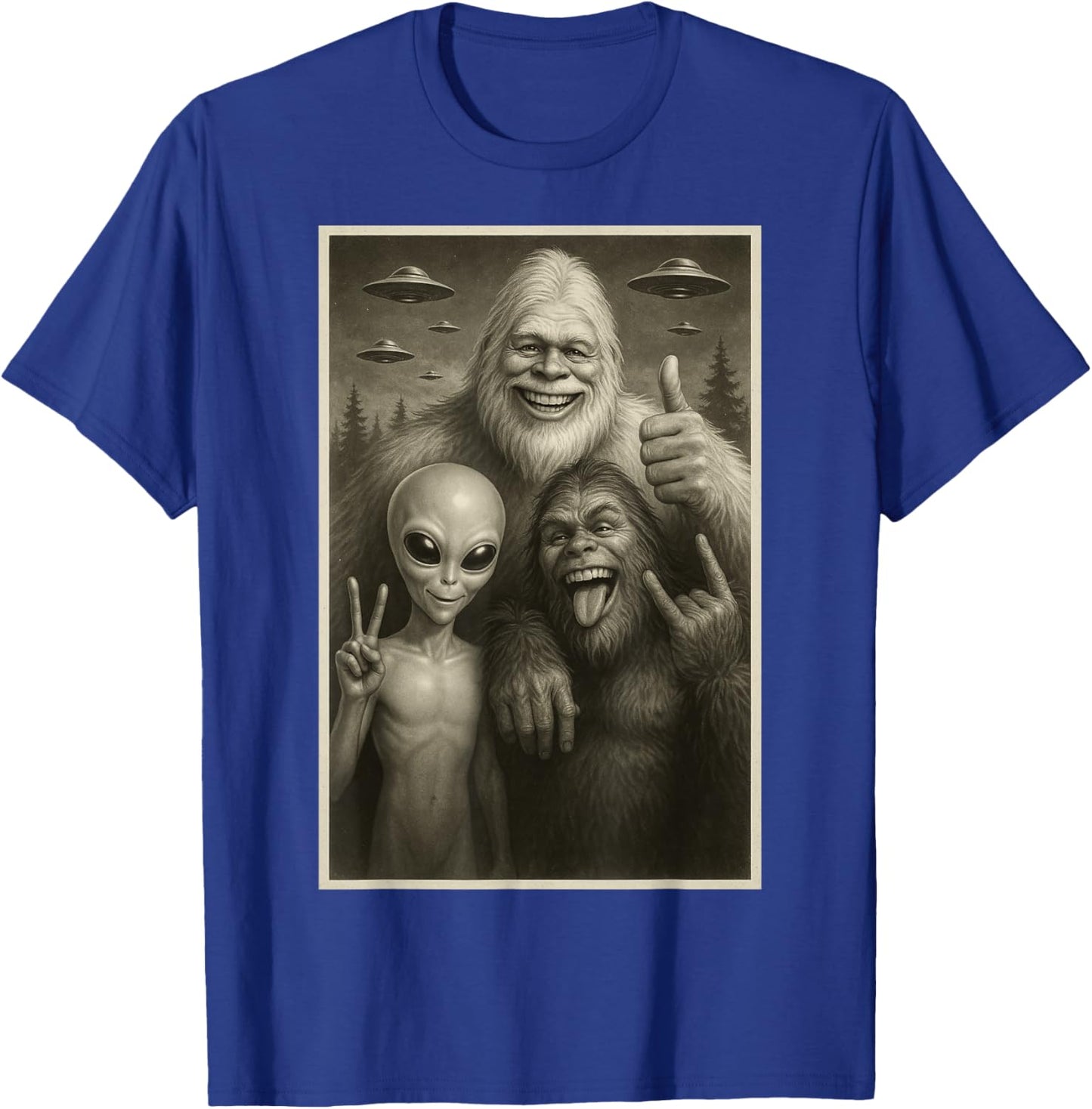 Funny Bigfoot, Alien, & Yeti Sasquatch Rock On UFO Handsign T-Shirt - T-Shirt | Royal