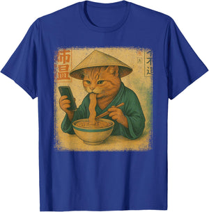 Funny Japanese cat Eat Ramen and Scroll Phone Anime Kitten T-Shirt - T-Shirt | Royal